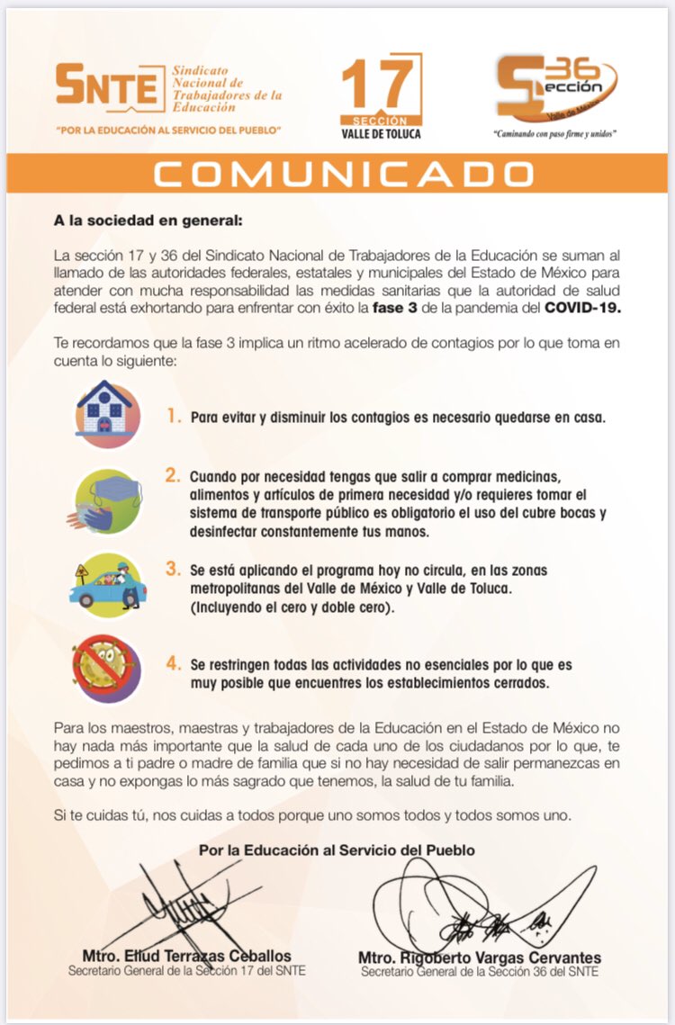 Seccion36Ofic's tweet photo. El @Secretario_36 #RVC y el #CES36 se suman al llamado que hacen las autoridades para atender con mucha responsabilidad las medidas sanitarias que la autoridad de salud federal está exhortando para enfrentar con éxito la fase 3 de la pandemia del #COVID_19.

#QuédateEnCasa https://t.co/KoEIVjZJv4