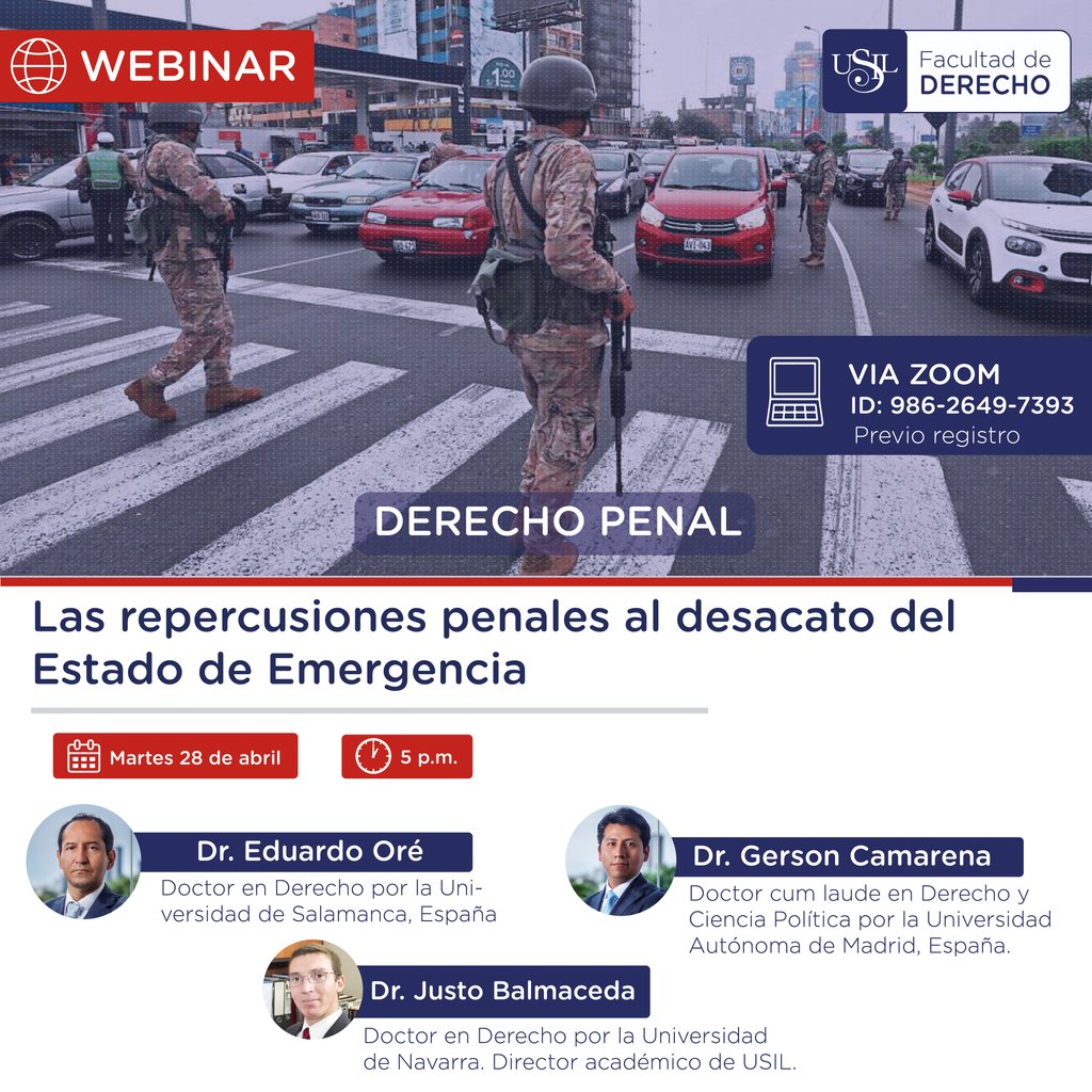 🌐¡NUEVO WEBINAR! 🌐
Derecho Penal: Las repercusiones penales al desacato del Estado de Emergencia.
Entérate sobre las medidas tomadas por el gobierno entorno al derecho penal y el estado de emergencia. 
📅: Martes 28 de abril
🕑: 5:00 p.m.
👉 Inscríbete: buff.ly/3awYuhg