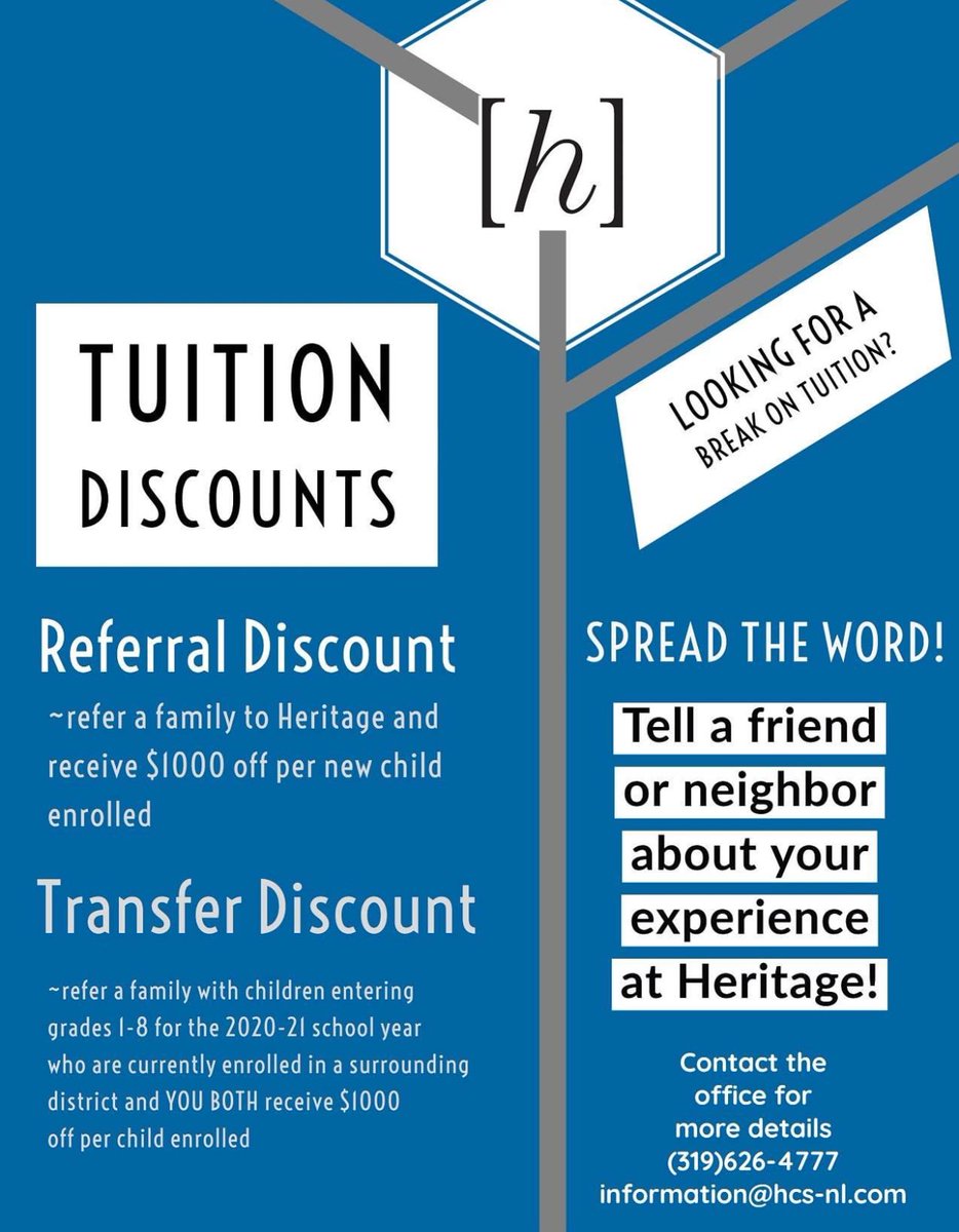 HeritageNL's tweet photo. Spread the word, referral and transfer discounts are a available now for the 2020-21 school year. https://t.co/meSD7UuJ52
