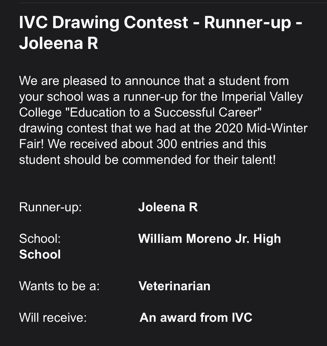 MorenoAztecs's tweet photo. Congratulations to our very own Joleena for her recognition in the IVC “Education to a Successful Career” drawing contest at this year’s Mid Winter Fair. Well done Joleena! We are so proud of you! #AztecPride #MorenoAztecs #AztecASB #CalexicoUSD https://t.co/1Td4zc5Jyi