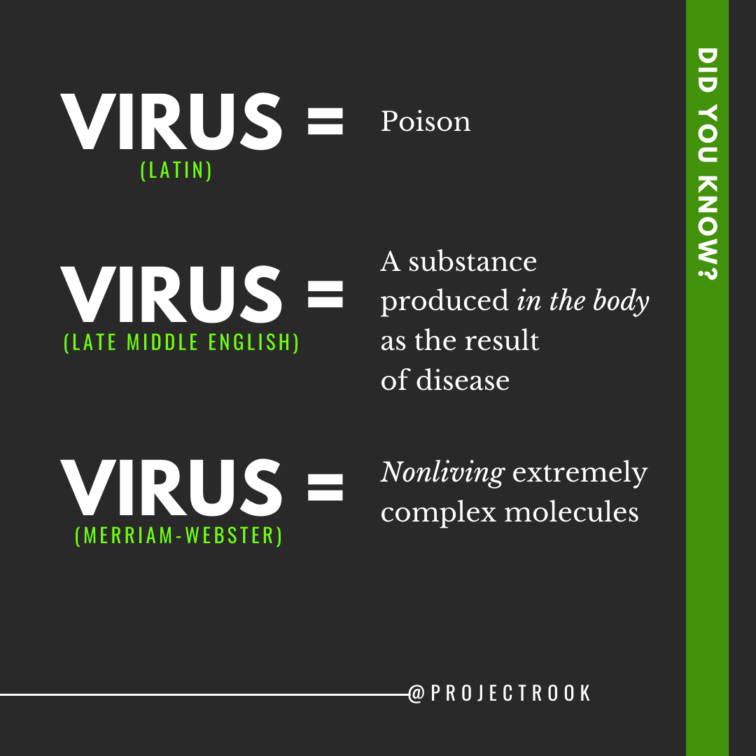 Step#1 in waking tf up is studying word language specifically the origin of words vs how they're currently being used. U should ask yoself how da hell the definition of a virus evolved to b a living organism floating around on the loose threatening your very existence..or did it?