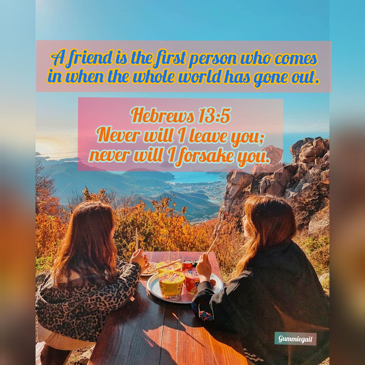 LifeVandQ's tweet photo. ReminderNo.13:
A friend is the first person who comes in when the whole world has gone out.

Hebrews 13:5

#LifeVersesandQuotes 
#TrustJesus 
#lifeverses 
#lifequotes https://t.co/xHtx6jWfgw