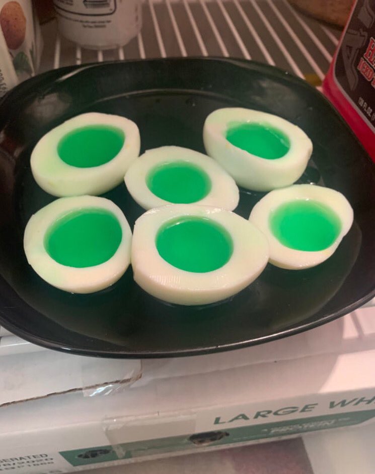 Thank y'all for coming. Here's some jello shots getting served out of hard-boiled eggs.
