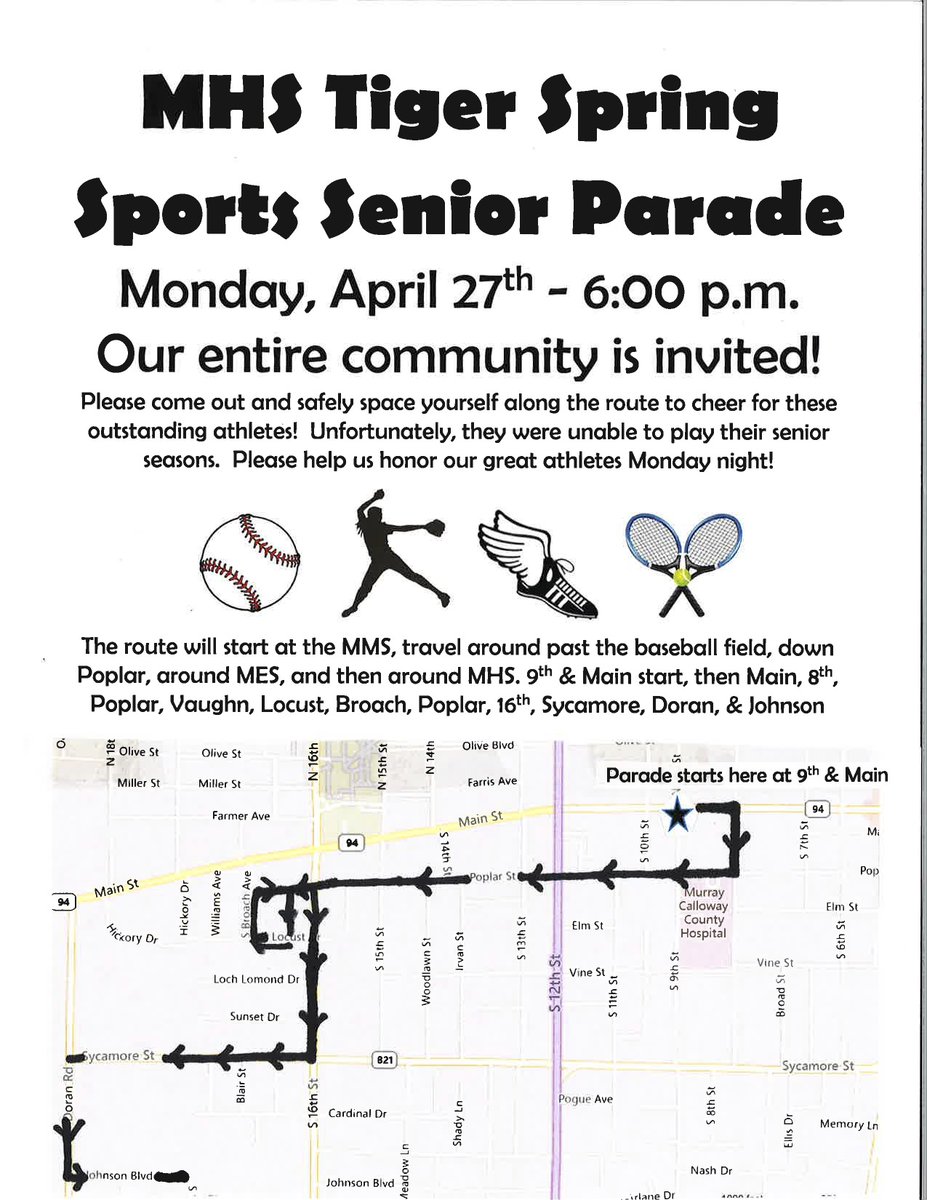 MurraySchools's tweet photo. The MISD will host a celebratory 2020 Spring Sports MHS Parade, Monday, April, 27, @ 6 p.m. Please come out and celebrate MHS Spring Sports Seniors by honoring our Spring Sports athletes.   The community is invited.  Voice your support along our route-#murrayschools https://t.co/uZSpD4Gqvn
