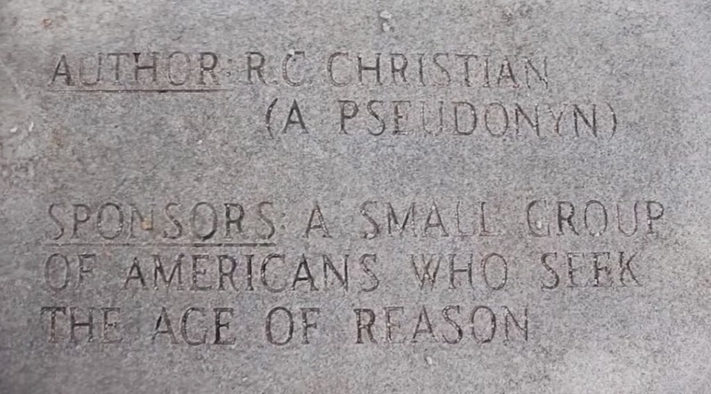 The only hints on who commissioned the stones in 1979 were left on the nearby complimentary granite plaque:Author: R.C. Christian(A Pseudonym)And In 1986 a book was sent to every member of congress, titled "Common Sense Renewed"by Robert Christian