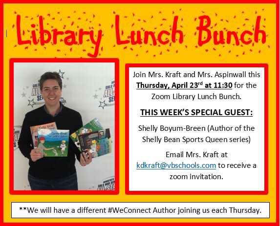 KelleeKraft_Lib's tweet photo. Thurs is #LibraryLunchBunch day for @ArrowheadES students. We’ve now added guest authors to our zoom mtgs.  @SportShelly was our 1st guest &amp; almost 40 people logged in. What an inspiring session! Thank you Shelly. The kids &amp; teachers LOVED hearing from you! #WeConnect @vbschools https://t.co/dbCcBokHiR