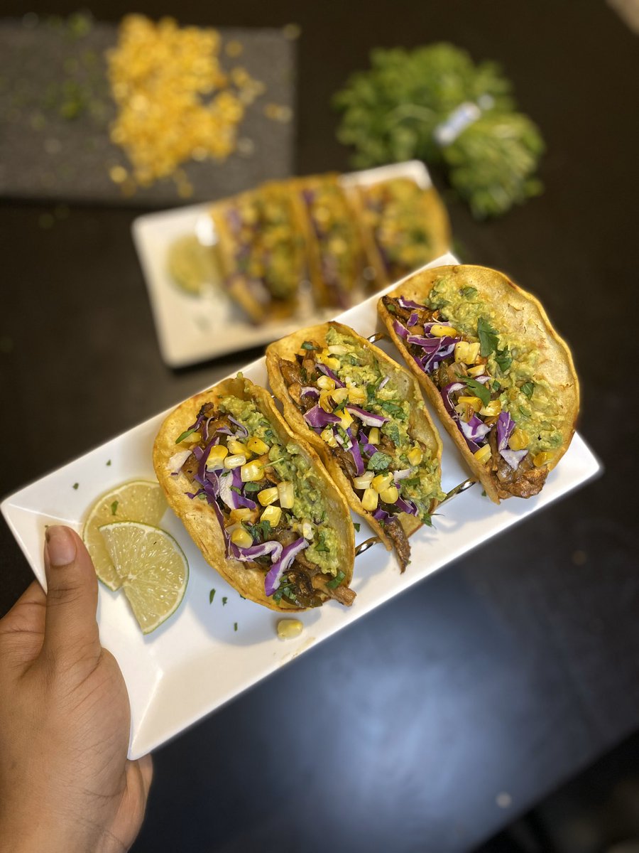 Vegan mushroom tacos with guacamole & roasted corn