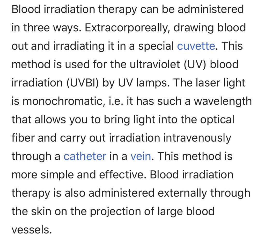 For people who don’t understand... He’s talking about blood irradiation therapy or intravenous light therapy and the doctors continuing to do rapid testing of it’s efficacy boosting immune function + potentially killing viruses... NOT about Clorox or tide pods.