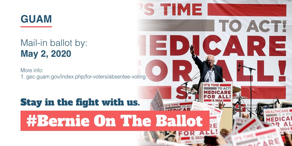 BernieBallotBot's tweet photo. To #Guam : Today is your last day to cast your vote for Bernie Sanders and his delegates. #BernieOnTheBallot #Bernie2020 https://t.co/KvmTGauLJf