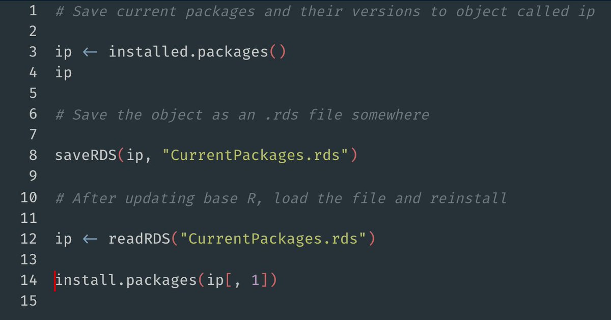 You're inevitably going to have to update to R 4.0.0 soon and as a result, you'll lose most of your packages and have to reinstall them. Here's a short script to keep a list of your current R packages and how to reinstall them after updating #rstats #statstwitter