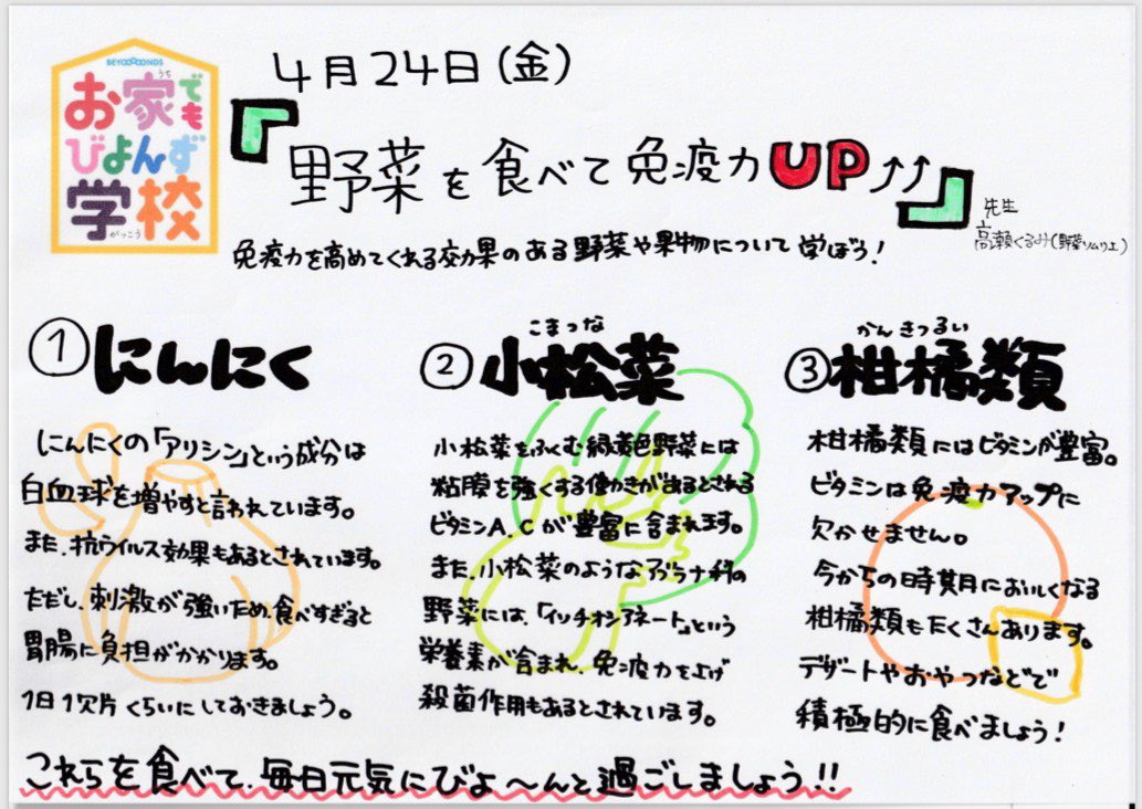 BEYOOOOONDS_'s tweet image. #高瀬くるみ です🐼
今日の、#お家でもびよんず学校
先生の授業内容をまとめてみました。
皆さん、これらを見ながら復習や実践、してみてくださいね！
#お家でもビヨンズ　#BEYOOOOONDS #雨ノ森川海 #野菜ソムリエ