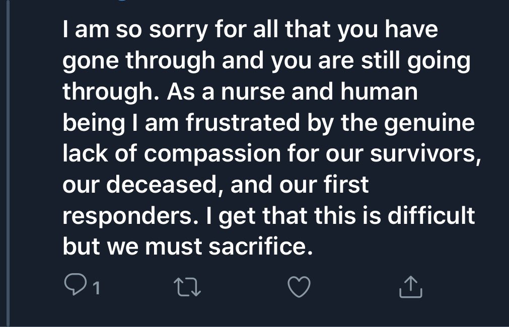 Here’s the tweet. Someone decipher this garbage mixed message to me. “I care about blah blah blah....” but now we must sacrifice? WTF? And let people go back to work while the curve is still rising and MORE people will get sick and die? I’m confused.