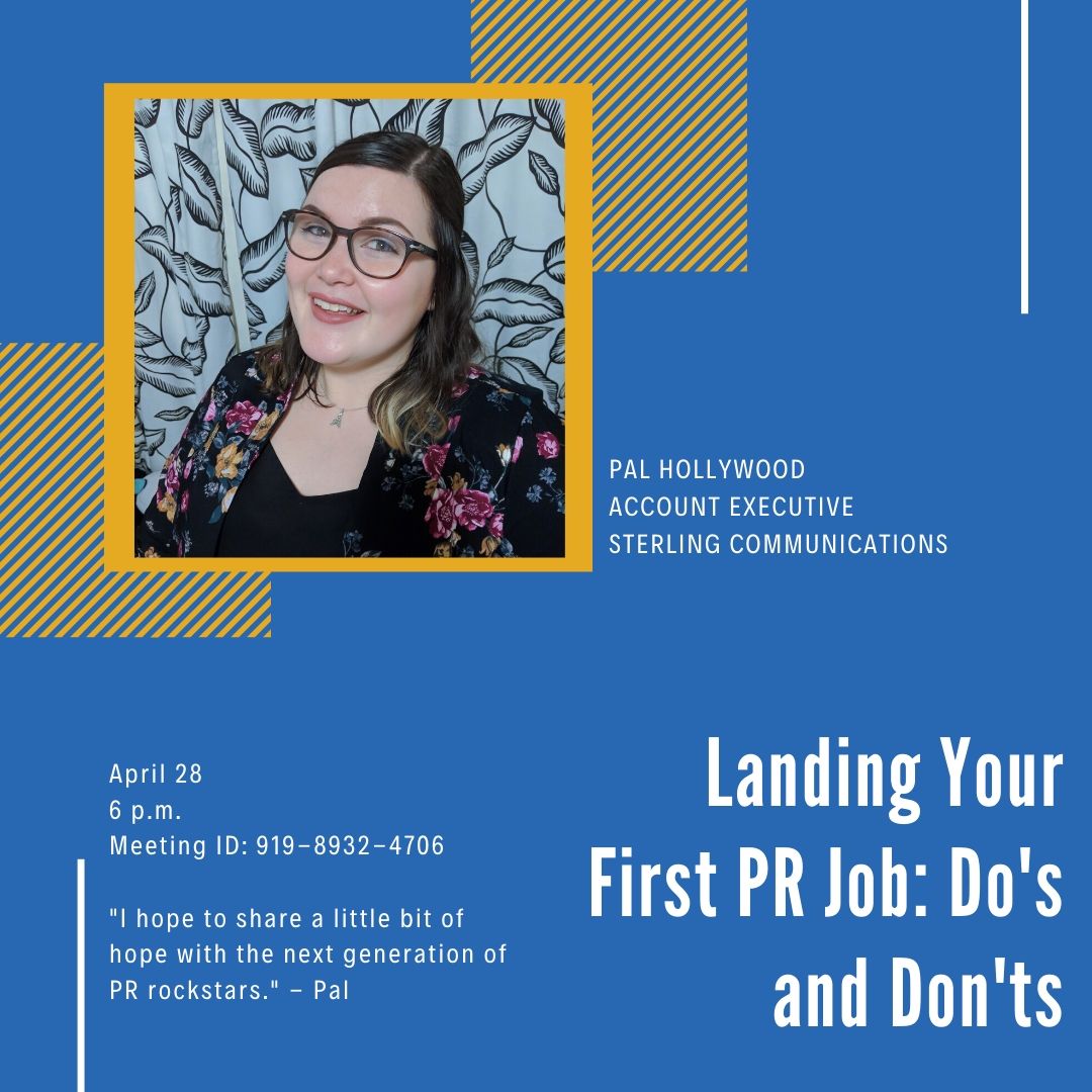 prssasjsu's tweet photo. Hey friends! We have another virtual presentation coming up. @sterlingpr Account Executive Pal Hollywood will be showing us how to make the jump from college to your first job! April 28 @ 6 p.m. Click the link below to join. ID: 919-8932-4706

https://t.co/vqrJNgTIvJ https://t.co/einGHilptq