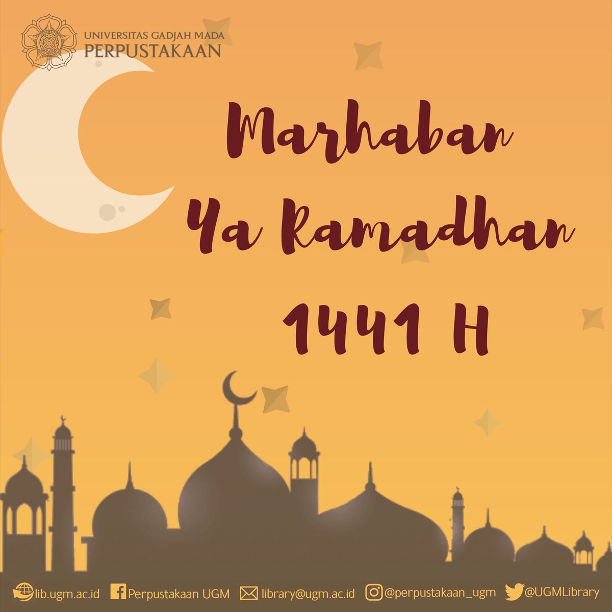UGMLibrary's tweet photo. Marhaban Ya Ramadhan 😇. Perpustakaan UGM mengucapkan selamat menjalankan ibadah puasa Ramadhan 1441 H untuk seluruh umat Islam. Meskipun sobat perpus stay at home tapi jangan lupa selalu produktif dan memperbanyak ibadah di bulan suci yaa:).
#perpustakaanugm
#ugmlibrary https://t.co/l0jUA6dOTj