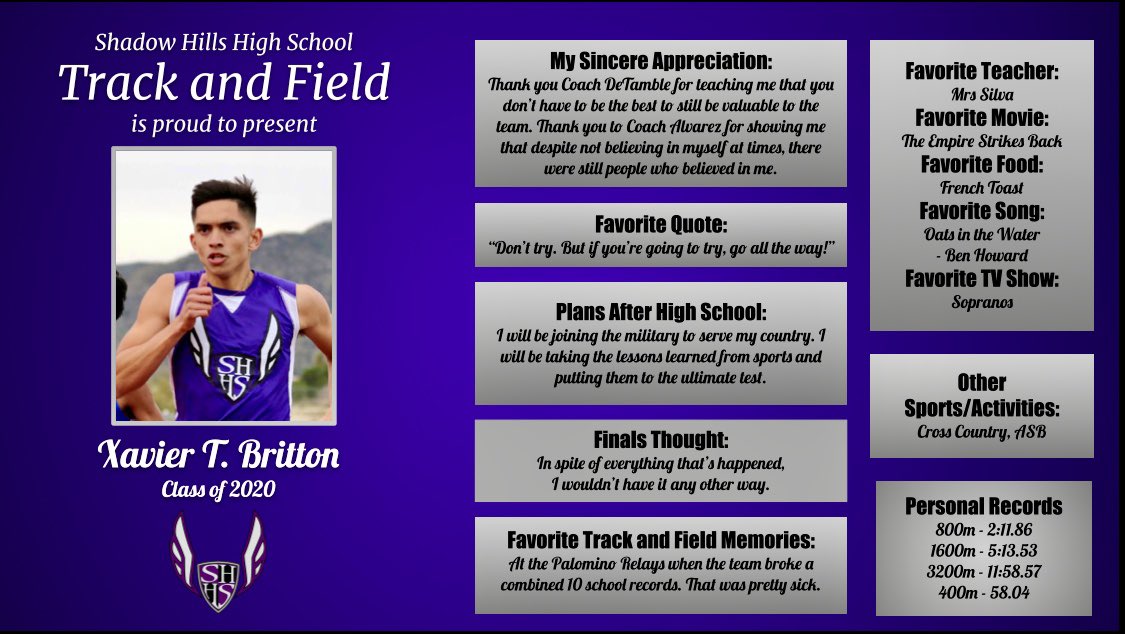 CoachDeTamble's tweet photo. Shadow Hills Track&Field
SENIOR KNIGHT 2020
Presents: Xavier Britton https://t.co/EbFzqLcSJa