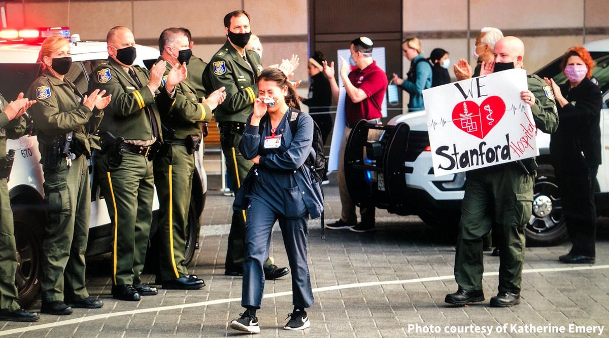 StanfordHealth's tweet photo. This morning, Stanford Health Care and @StanfordChild #healthcare workers were cheered on by first responders and law enforcement during the change of shift. In return, nurses, doctors and hospital staff thanked first responders for sharing the front line. #StanfordMedTogether https://t.co/cXpd0V34Zl