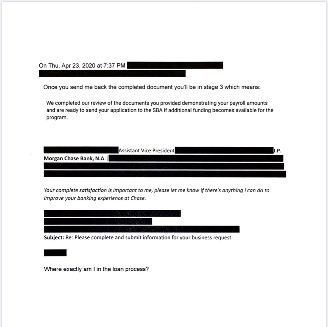 Today he was sent a Chase document to sign for “Stage 3” before they could submit his application (they already submitted it)