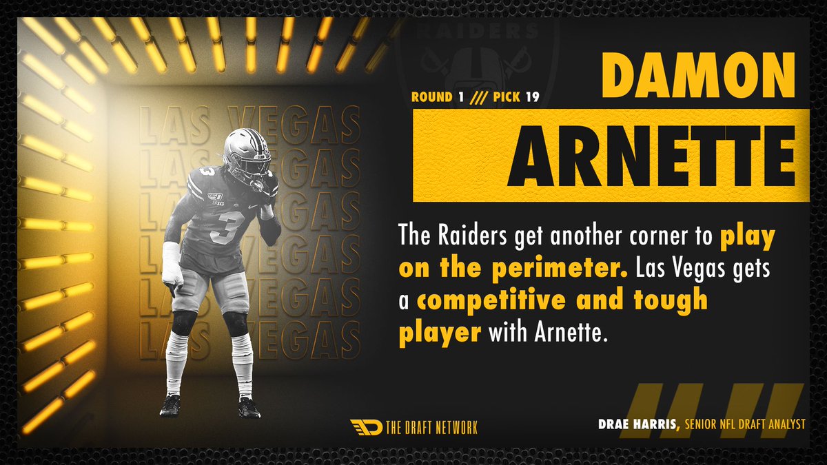 TheDraftNetwork's tweet image. With the No. 19 overall pick in the 2020 NFL Draft, the Las Vegas Raiders select Damon Arnette.

#FrontOffice33 | #NFLDraft | #RaidersDraft
