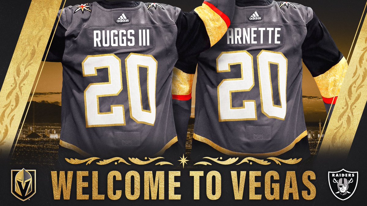 GoldenKnights's tweet photo. Welcome to the new neighbors!!!! 👋 

Can’t wait to see @__RUGGS and @damon_arnette tearing it 🆙 for the @Raiders 🙌 https://t.co/AlN73Wz0XF