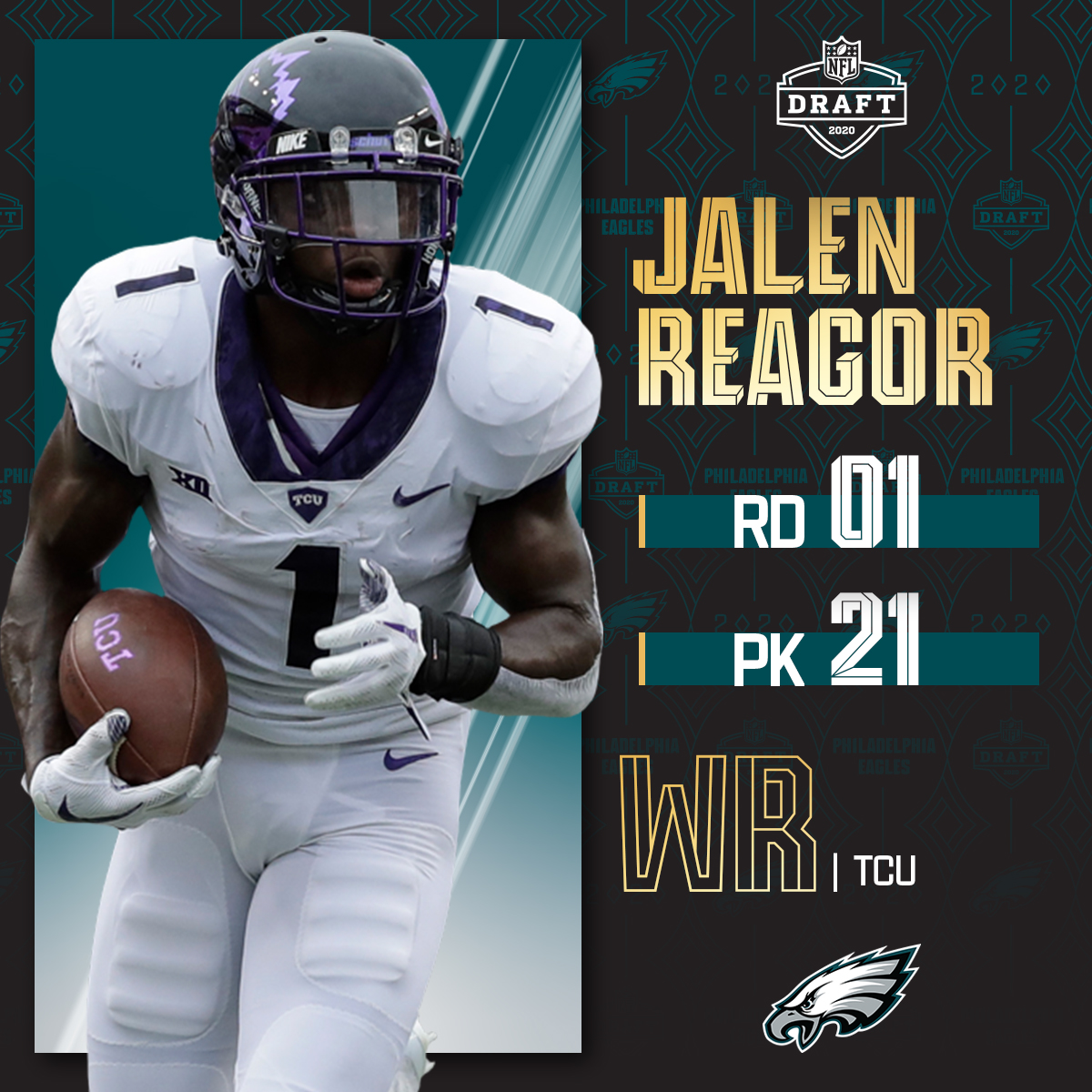 With the No. 21 overall pick, the <a href="/Eagles/">Philadelphia Eagles</a> select <a href="/TCUFootball/">TCU Football</a> WR Jalen Reagor! (by <a href="/Bose/">Bose</a>)

📺: 2020 #NFLDraft on NFLN/ESPN/ABC
📱: bit.ly/2zrlHEG