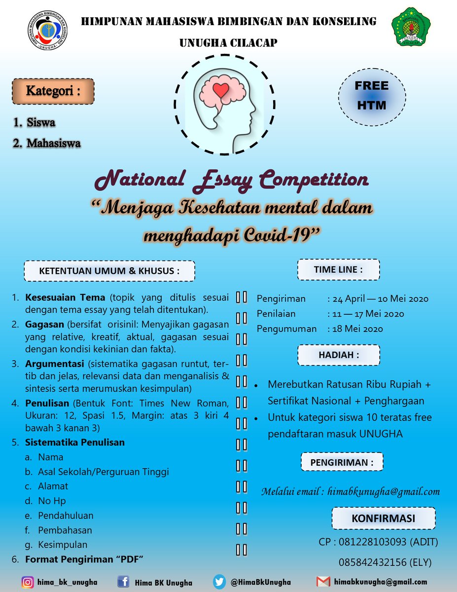 HimaBkUnugha's tweet photo. Halo pemuda-pemudi Indonesia? Universitas Nahdlatul Ulama Al Ghazali Cilacap dengan Himpunan Mahasiswa Bimbingan Konseling mengadakan lomba menulis Essay. Lomba ini diperuntukkan untuk kalian yang sedang #StayAtHome dan belajar di rumah. Dipilih 4 pemenang untuk 2 kategori. https://t.co/8Sx3TsXP09