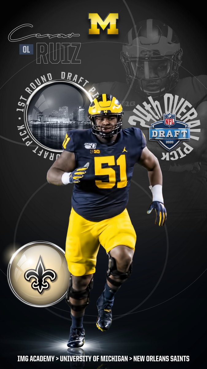 UMichFootball's tweet photo. 🙌 CESAR RUIZ GOES TO NEW ORLEANS! @_OverCees 

The @Saints have selected him with the No. 24 pick in the #NFLDraft. #ProBlue 

[Draft update presented by @meijer] https://t.co/gIztCBZ9DO