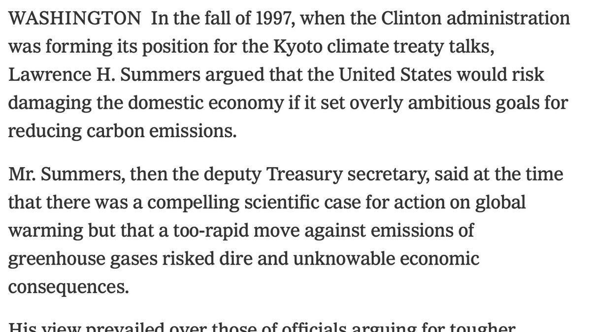 In Clinton Admin, Summers argued we shouldn't move too fast to save the planet b/c of "dire and unknowable economic consequences."Never mind the dire and unknowable consequences of cooking the planet warmer than human civilization has ever experienced!  https://www.nytimes.com/2009/01/03/washington/03enviro.html