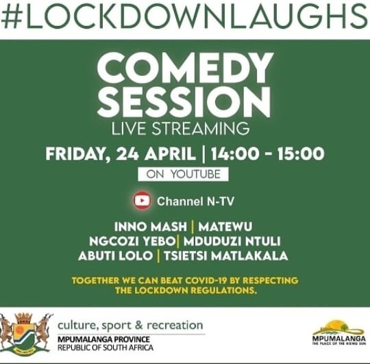 TsietsiRubbish's tweet photo. Today #ComedySession #LockdownLaugjs Live Streaming.
Thank You Mpumalanga Department Culture, Sport & Recreation
@DCSROfficial #CyrilRamaBillion #maskchallenge #StayAtHomeSA https://t.co/qQZ7iX36Ri