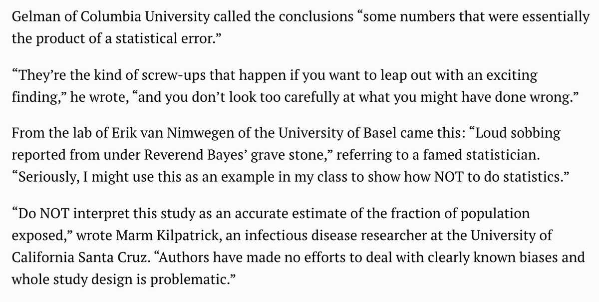 10/ More controversy about these studies, with brutal review  @mercnews today  https://bayareane.ws/2x4UBlZ  (Fig) incl. this headline: “The authors owe us all an apology.” New seroprevalence study from NYC  https://bit.ly/3byN1z5 , w/ 21% positive antibodies, is more plausible…