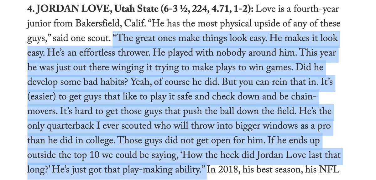 You want to know why the  #Packers fell in love with Jordan Love? This quote from a scout to  @BobMcGinn sums it up.