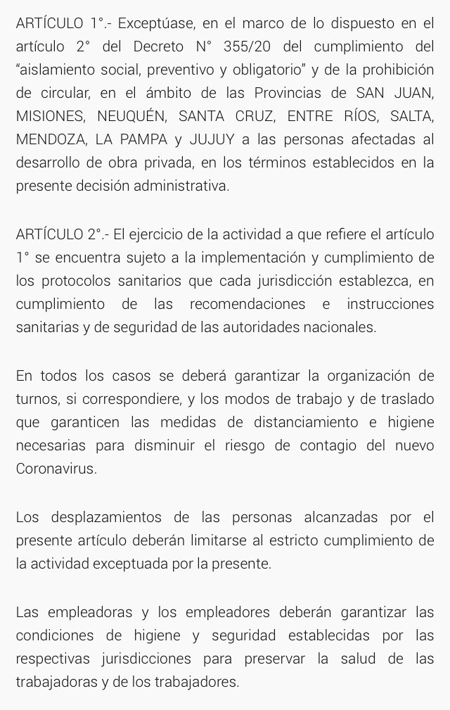 Se exceptúa del aislamiento a personas afectadas al desarrollo de obra privada en 9 provincias. Boletín Oficial: