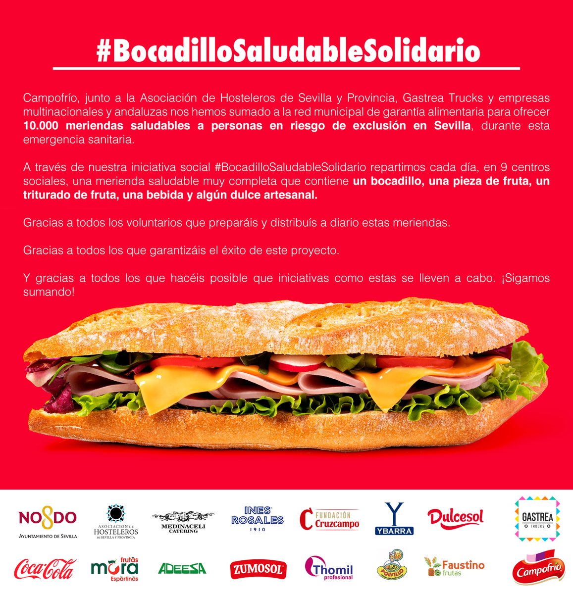 PanPolvillo's tweet photo. Nos sumamos a la iniciativa #BocadilloSaludableSolidario de @Campofrio_es #GastreaTrucks @HosteleriaSev que permitirá que 10.000 personas en riesgo de exclusión social de #Sevilla puedan acceder a una merienda equilibrada. https://t.co/vn3g1BQHON