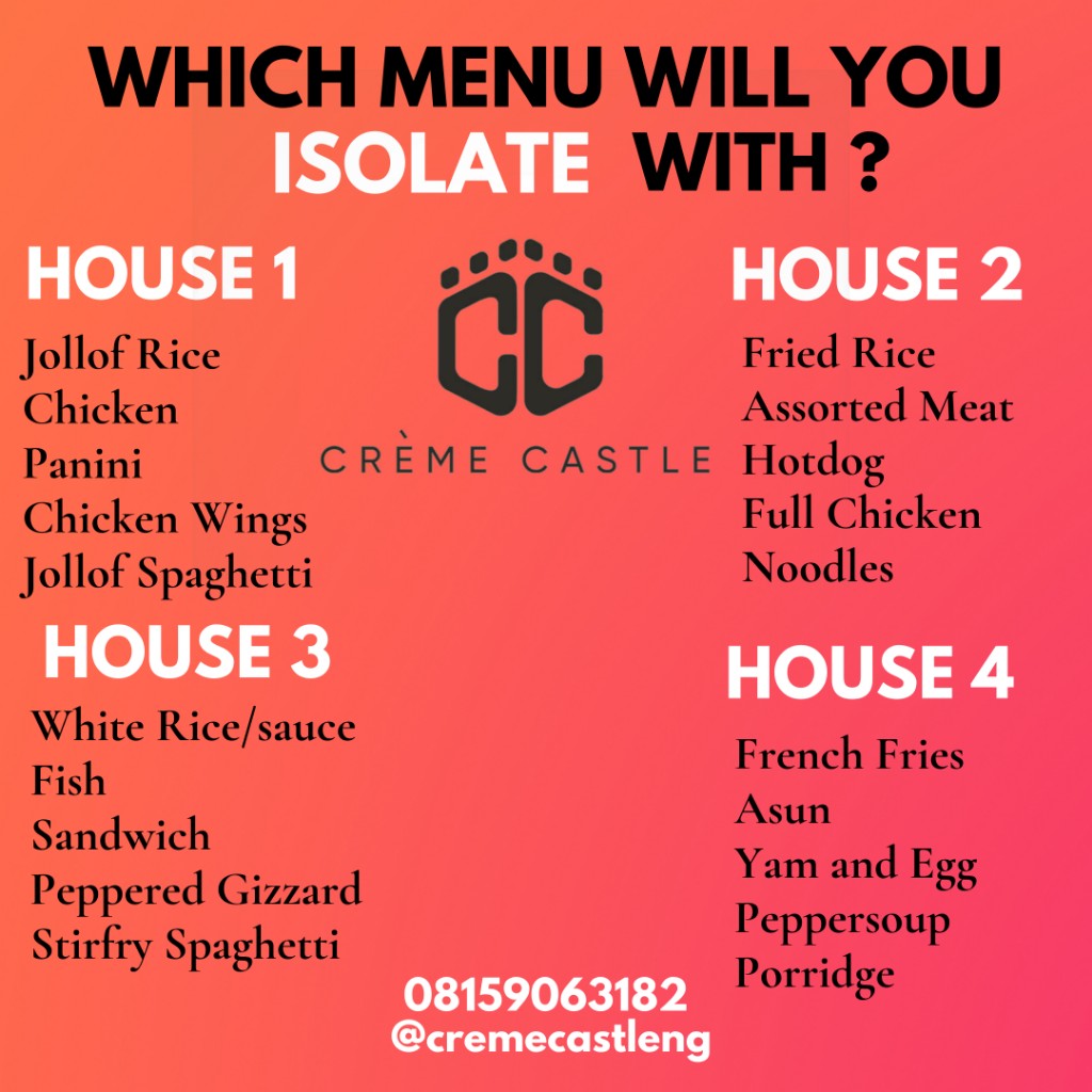 Cremecastleng's tweet photo. Which of these menu house would you isolate yourself in?
#lockdownextension #RamadanMubarak #StayHome https://t.co/NDaG3PcLAe