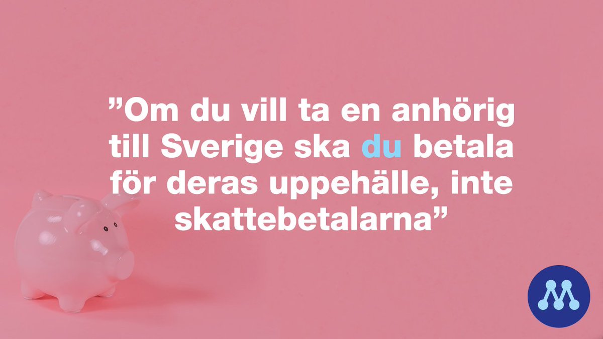 Om du flyttar till Sverige för att jobba och vill ta hit din familj, då tycker vi att du ska betala för deras levnadskostnader. Det ska inte skattebetalarna göra.

🔵 Idag finns inget försörjningskrav för anhöriga till arbetskraftsinvandrare. Vi vill ändra på det.