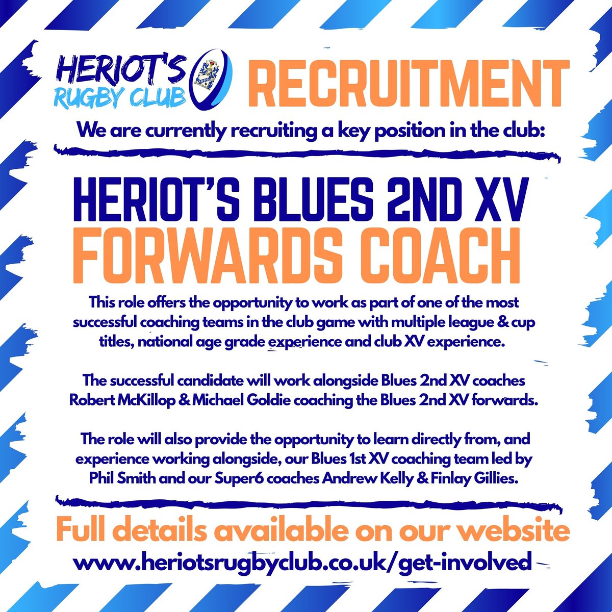 HeriotsRugby's tweet photo. 🏉📣 We're recruiting!! Are you, or someone you know, a forwards coach looking to work with one of Scotland's top rugby clubs?! If so, go check out our website for full details of this great opportunity. https://t.co/QZ6fl0lJfy