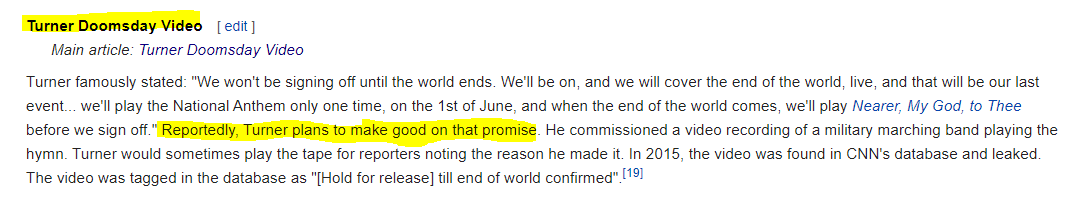 Ted even had a "Doomsday Video" recorded to play at the end of the world.Maybe that's why he's the head of the "Nuclear Threat Initiative"He's also known for donating a Billion dollars to the UN, it was the UN who translated the Guidestones into the 8 other languages