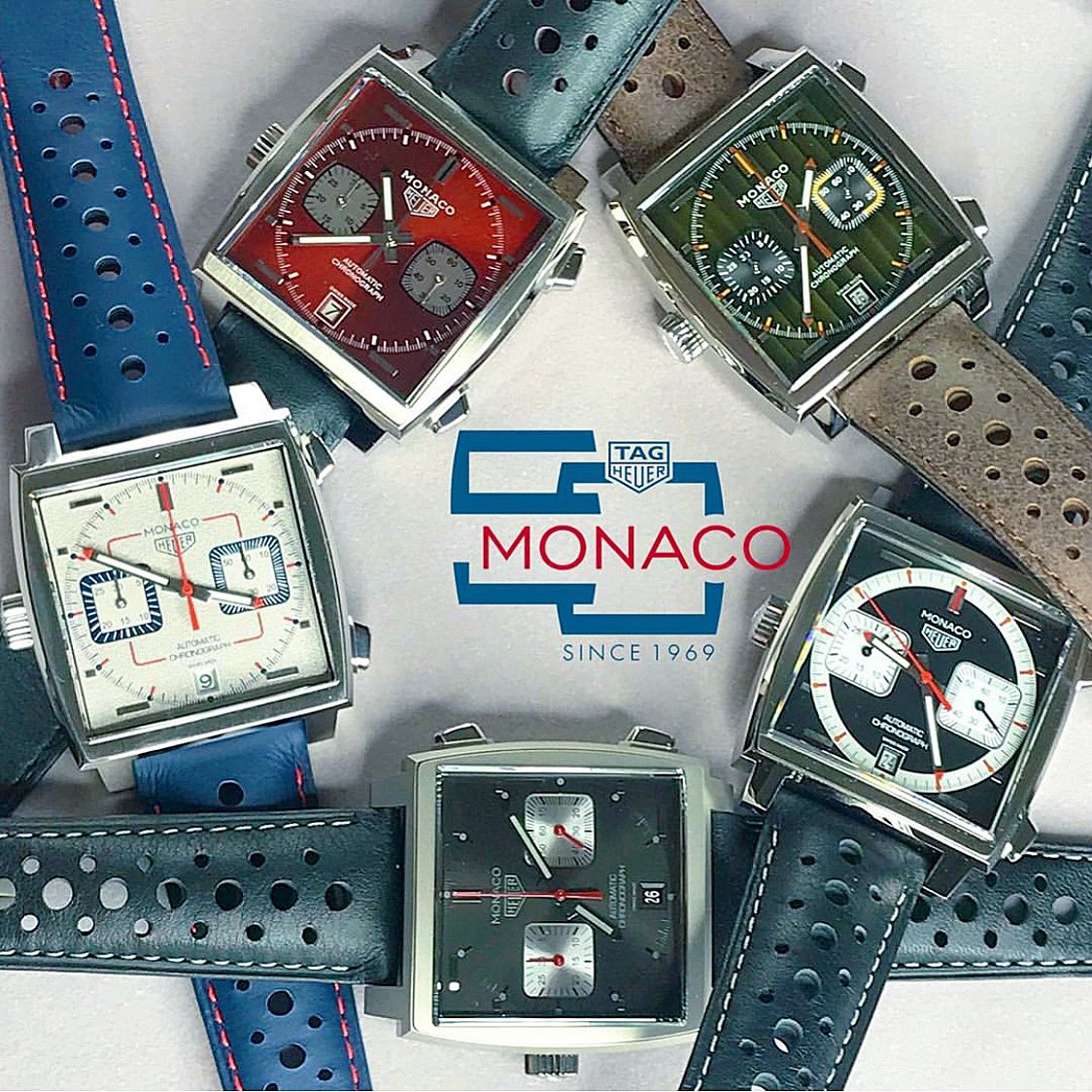 Calibre11's tweet photo. 6 months on, which is your favourite? Still the Red 79-89 for me. Photo by @kq8watches #tagheuer #heuermonaco #monaco50 #calibre11 https://t.co/Q9HTsC5f22