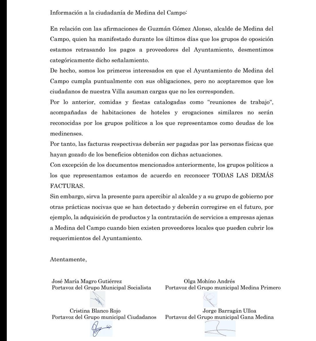 A ver si el Sr Alcalde se entera de una vez de que lo que no estamos dispuestos a pagar son "sus reuniones de trabajo" con vino y chuletones y demás dispendios. Nosotros estamos siempre con las empresas y el comercio de <a href="/AyuntamientoMDC/">Ayto. MedinadelCampo</a>