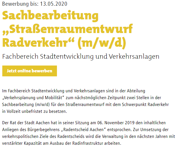 RadentscheidAC's tweet image. Sachbearbeitung „Straßenraumentwurf Radverkehr“ (m/w/d)

Zwei Stellen in der Sachbearbeitung (m/w/d) für den Straßenraumentwurf mit dem Schwerpunkt #Radverkehr in #Vollzeit #unbefristet zu besetzen.

karriere.aachen.de/stellenangebot…

@PresseamtAachen #Jobbörseumfünf #Fahrradjobs