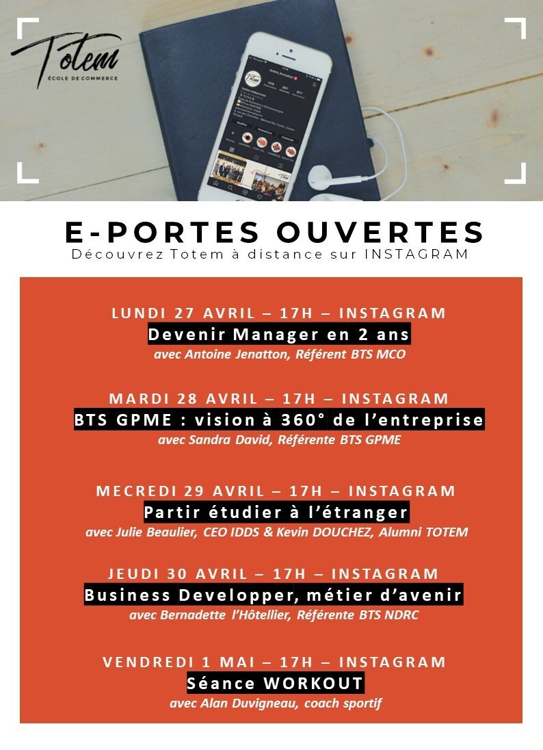 Totem réinvente ses Portes Ouvertes ! Nous vous proposons de découvrir nos formations à travers plusieurs live INSTA la semaine prochaine ! 

🚀Choisissez la/les thématique(s) qui vous intéresse(nt) 

📚Le jour J, connectez-vous sur la page INSTAGRAM Totem

À très vite !