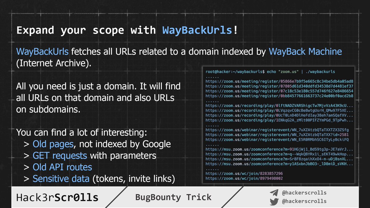 WebArchive greatly expands your knowledge about the target.

WayBackUrls is an awesome tool written by <a href="/TomNomNom/">TomNomNom</a>. It fetches all the URLs from WebArchive for a domain and it's subdomains.

github.com/tomnomnom/wayb…

#BugBountyTip