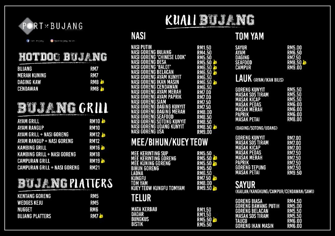 Kolaborasi  #Ramadhan   pertama, kami menampilkan Port Bujang.Hidangan : Pelbagai Pilihan|Barat | Thai | Goreng²Keistimewaan : Masakan panas² & Ayam Rangup Ps:- Keistimewaan ni diambil dari review pembeli. Kami tak nak dituduh angkat bakul sendiri 