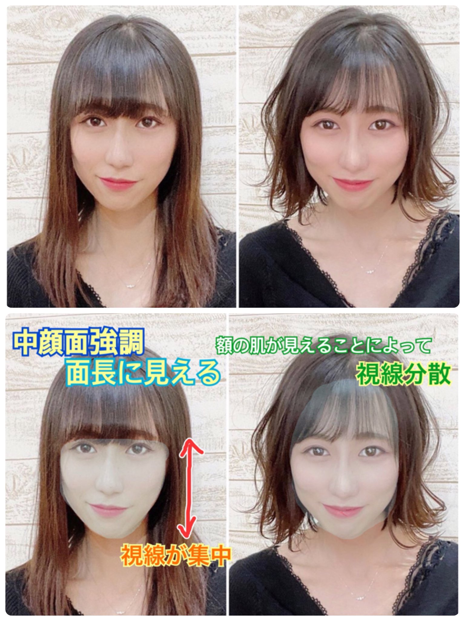アネモネ シースルーバングでお悩み解消例 面長で前髪を作りたい場合でも額の肌が見えるので視線分散できる 額が広い人は重くなりすぎずに誤魔化せる きつい目元の場合印象変化できる タレ目で眠そうな目元も垢抜ける Ng例は目と目が近く