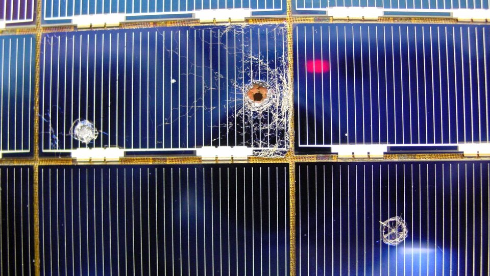 The 2nd set of solar arrays returned by Shuttle in 2002. They showed barely any power degradation.There were many impacts, but only 4 full penetrations per square metre – the largest hole only 5 mm in diameter 22/28