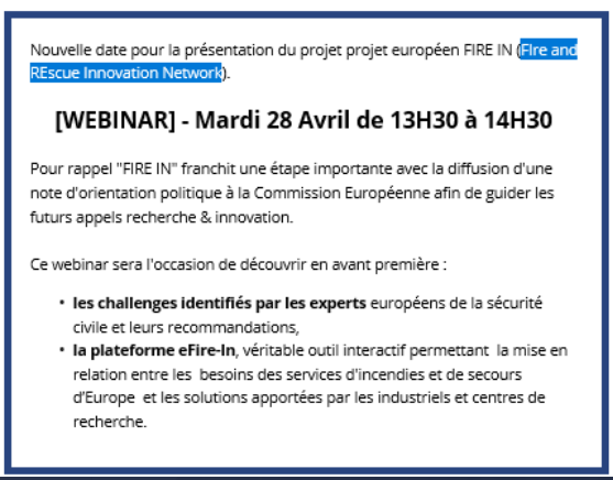 ENSOSP's tweet photo. #Evenement #ENSOSP @Safe_Cluster
Ne manquez pas le #webinar de mardi prochain !
Le thème : "Présentation du projet #européen #FIREIn" (Fire and rescue innovation network). Inscriptions et informations
https://t.co/mjIp4kL03Y
Dans le détail👉 https://t.co/u1U5JXwx7l https://t.co/Jqh5mSM4ct