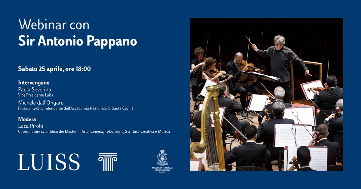 Sabato 25 aprile alle ore 18, in occasione del 75esimo anniversario della Liberazione, il webinar con Sir Antonio Pappano, Direttore Musicale dell’Accademia Nazionale di <a href="/santa_cecilia/">Accademia Nazionale di Santa Cecilia</a> a Roma e Music Director della <a href="/RoyalOperaHouse/">Marge Inalia</a> a Londra luiss.it/evento/2020/04… <a href="/raicinque/">Rai5</a>