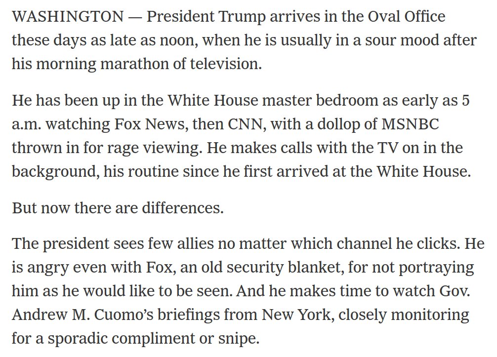 Yes, this is how the president of the United States is utilizing his time and energy during the twin crises of the greatest public health emergency in modern times and the worst economic calamity in many decades: https://www.nytimes.com/2020/04/23/us/politics/coronavirus-trump.html?action=click&module=Spotlight&pgtype=Homepage