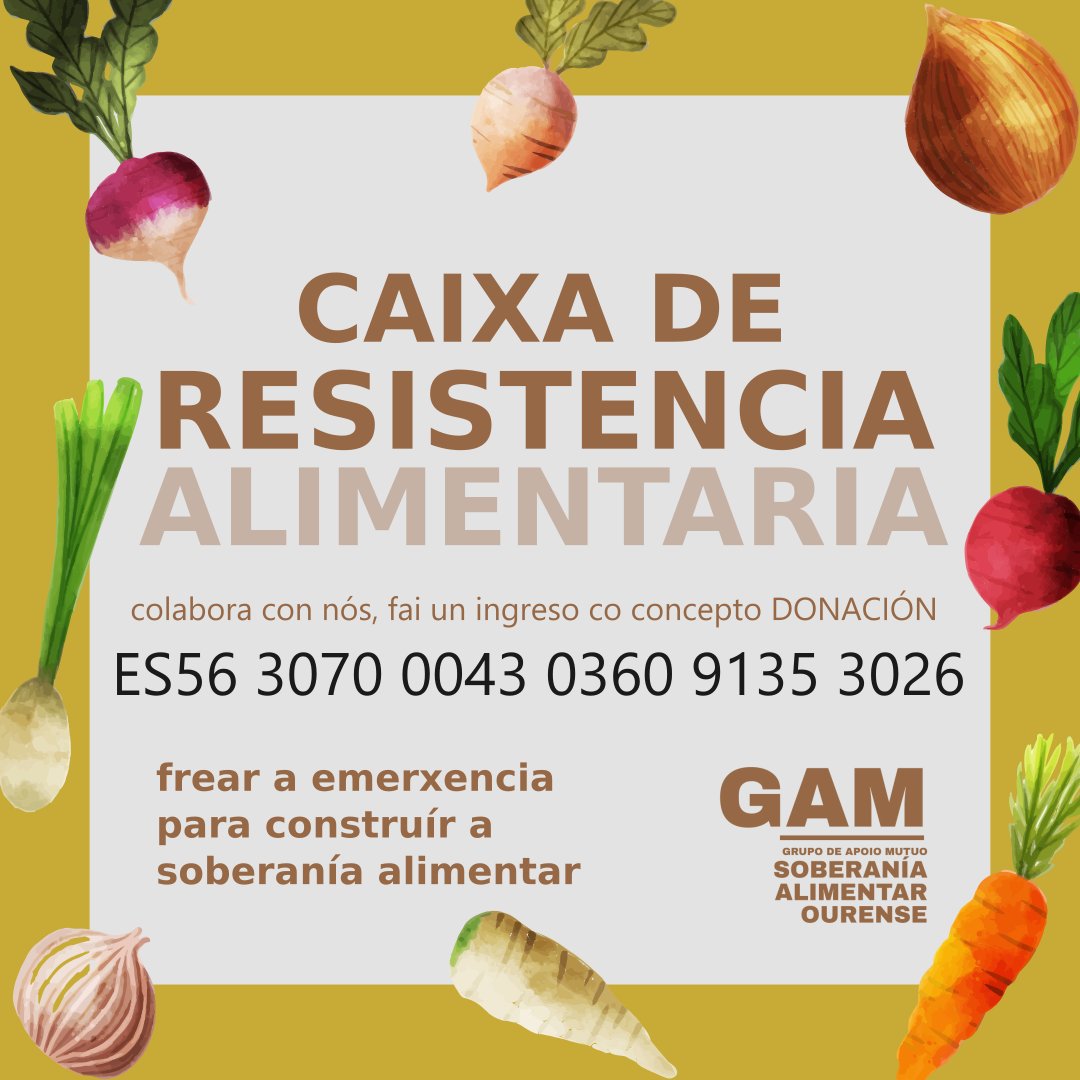 O obxetivo da #CaixadeResistencia nacida no Grupo de Apoio Mútuo de #SoberaníaAlimentar de #Ourense é sumar recursos á rede comunitaria que construimos para poder dar resposta inmediata á urxencia alimentar daquelas persoas ás que o sistema coloca en dificuldades.