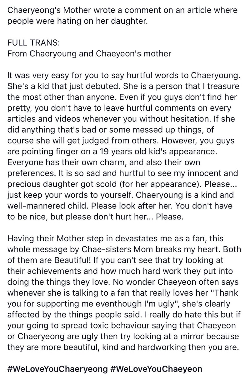 Last year, Chaeryeong’s mother even wrote a letter begging the haters to stop harassing her daughter