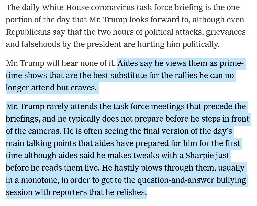 If journalists know this is how Trump himself views the function of his briefings and that this is how woefully unprepared he is to inform the American people when he shows up at them, what on earth is the excuse for airing them in unadulterated form? https://www.nytimes.com/2020/04/23/us/politics/coronavirus-trump.html?action=click&module=Spotlight&pgtype=Homepage